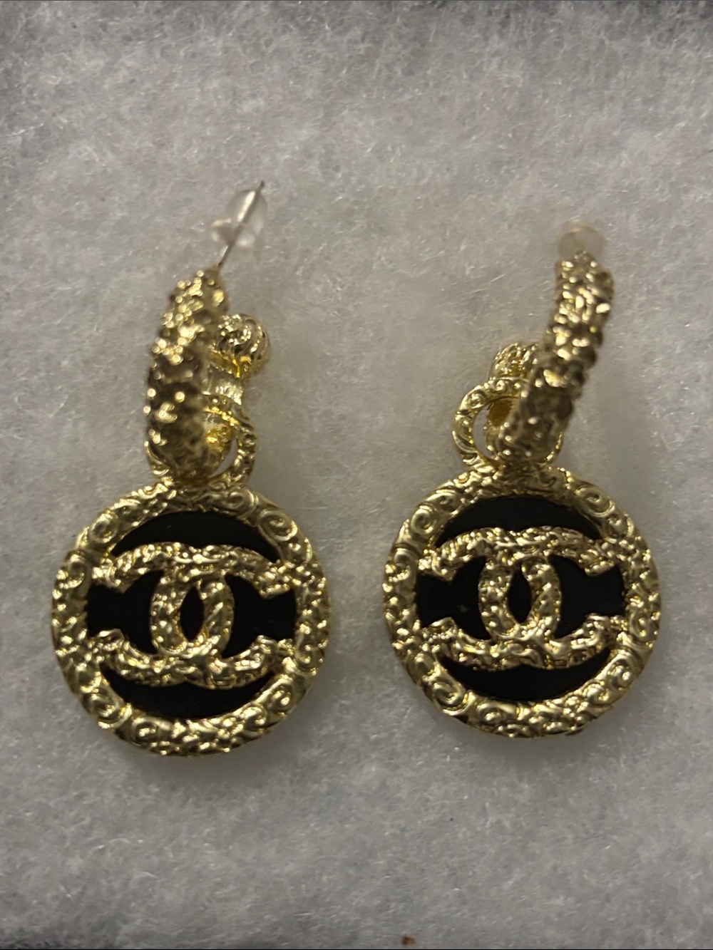 Gold-Tone CC Black Medallion Drop Logo Earrings